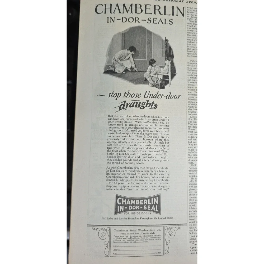 1927 Print Ad Chamberlin In Dor Seals Stop‎ Drafts Vintage Metal Weather Strip